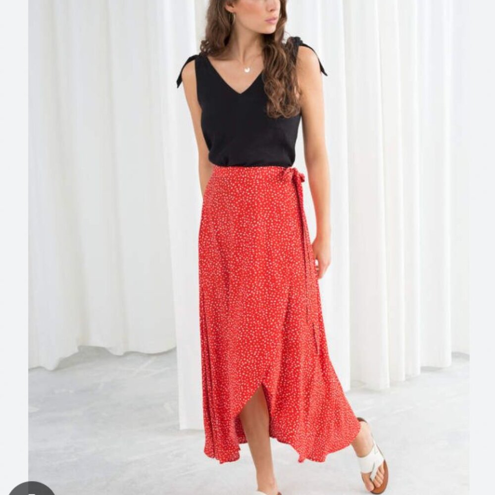 & Other Stories Asymmetric Wrap Midi Skirt (Red Dot)